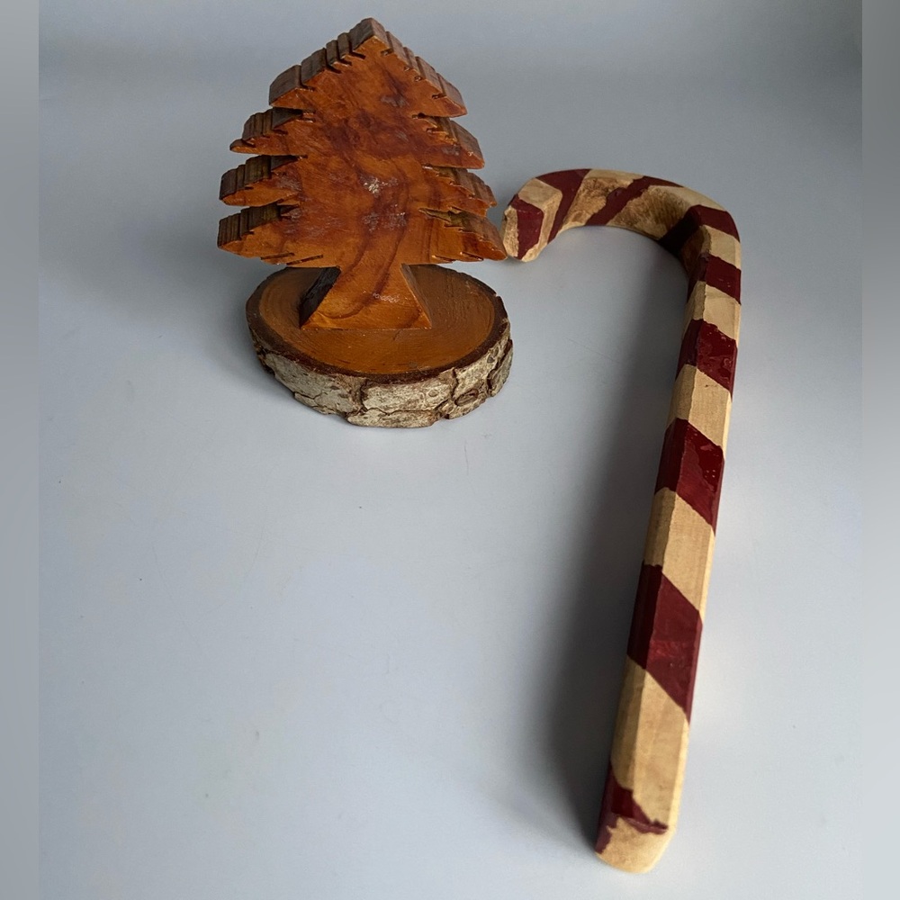 Handmade Carved Wood Candy Cane and Christmas Tree